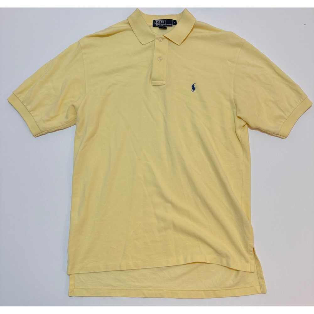 Polo Ralph Lauren Mens Yellow Short Sleeve Pique Polo Shirt Size M Blue Pony